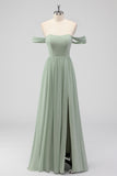 Sage Green A-Line Off the Shoulder Chiffon Long Bridesmaid Dress