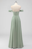 Sage Green A-Line Off the Shoulder Chiffon Long Bridesmaid Dress