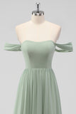 Sage Green A-Line Off the Shoulder Chiffon Long Bridesmaid Dress