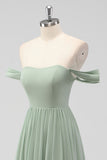 Sage Green A-Line Off the Shoulder Chiffon Long Bridesmaid Dress