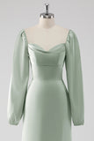 Sage Green Off the Shoulder A Line Long Bridesmaid Dress with Puff Sleeves