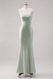 Sage Green Satin Scoop Mermaid Bridesmaid Dress with Criss Cross Back