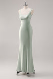 Sage Green Satin Scoop Mermaid Bridesmaid Dress with Criss Cross Back