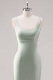 Sage Green Satin Scoop Mermaid Bridesmaid Dress with Criss Cross Back