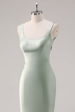 Sage Green Satin Scoop Mermaid Bridesmaid Dress with Criss Cross Back