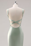 Sage Green Satin Scoop Mermaid Bridesmaid Dress with Criss Cross Back