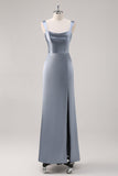 Simple Sheath Grey Blue Satin Bridesmaid Dress with Slit