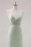 Sage Green Satin Deep V-Neck Backless Long Bridesmaid Dress