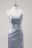 Ruched Grey Blue Spaghetti Straps Sheath Bridesmaid Dress with Slit