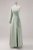 Sage Green A Line One Shoulder Bridesmaid Dress with Slit