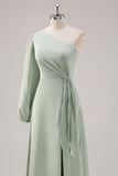 Sage Green A Line One Shoulder Bridesmaid Dress with Slit