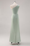 Simple Satin Sage Green One Shoulder Bridesmaid Dress with Slit