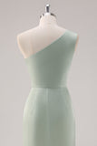 Simple Satin Sage Green One Shoulder Bridesmaid Dress with Slit