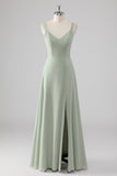 Chiffon V-Neck Sage Green A Line Bridesmaid Dress with Slit