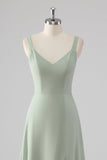 Chiffon V-Neck Sage Green A Line Bridesmaid Dress with Slit