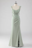 Sage Green Ruffled Sheath Lace-Up Back Long Bridesmaid Dress with Slit