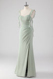 Sage Green Ruffled Sheath Lace-Up Back Long Bridesmaid Dress with Slit