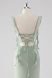 Sage Green Ruffled Sheath Lace-Up Back Long Bridesmaid Dress with Slit