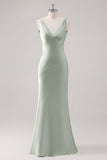 Sage Green V Neck Backless Satin Sheath Bridesmaid Dress