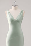 Sage Green V Neck Backless Satin Sheath Bridesmaid Dress