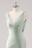 Sage Green V Neck Backless Satin Sheath Bridesmaid Dress