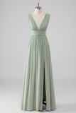 Pleated Chiffon V Neck Long Sage Green Bridesmaid Dress with Slit