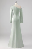 One Shoulder Satin Sage Sheath Bridesmaid Dress with Long Sleeves