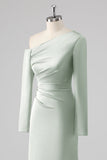 One Shoulder Satin Sage Sheath Bridesmaid Dress with Long Sleeves