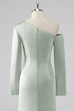 One Shoulder Satin Sage Sheath Bridesmaid Dress with Long Sleeves