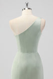 Sage Green One Shoulder Sheath Satin Long Bridesmaid Dress