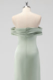 Sage Green Off the Shoulder Satin Sheath Long Bridesmaid Dress