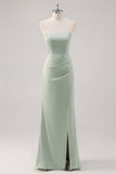 Simple Mermaid Satin Strapless Sage Green Bridesmaid Dress with Slit