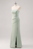 Simple Mermaid Satin Strapless Sage Green Bridesmaid Dress with Slit