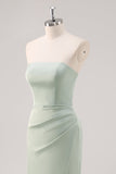 Simple Mermaid Satin Strapless Sage Green Bridesmaid Dress with Slit