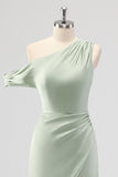 Sage Green One Shoulder Satin Ruched Sheath Long Bridesmaid Dress