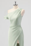 Sage Green One Shoulder Satin Ruched Sheath Long Bridesmaid Dress