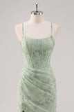 Floral Green Corset Mermaid Lace-Up Back Bridesmaid Dress with Slit