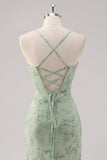 Floral Green Corset Mermaid Lace-Up Back Bridesmaid Dress with Slit