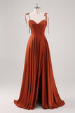 Rust Pleated A Line Spaghetti Straps Bridesmaid Dress with Slit