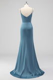 Dusty Blue Spaghetti Straps Mermaid Satin Long Bridesmaid Dress with Slit