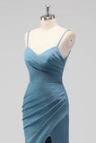 Dusty Blue Spaghetti Straps Mermaid Satin Long Bridesmaid Dress with Slit