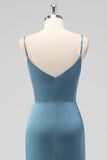 Dusty Blue Spaghetti Straps Mermaid Satin Long Bridesmaid Dress with Slit