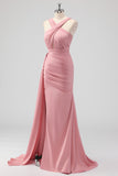 Blush Sheath Spaghetti Straps Satin Ruched Long Bridesmaid Dress