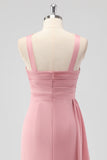 Blush Sheath Spaghetti Straps Satin Ruched Long Bridesmaid Dress