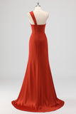 Rust Mermaid One Shoulder Satin Long Bridesmaid Dress with Slit