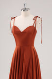 Rust Pleated A Line Spaghetti Straps Bridesmaid Dress with Slit