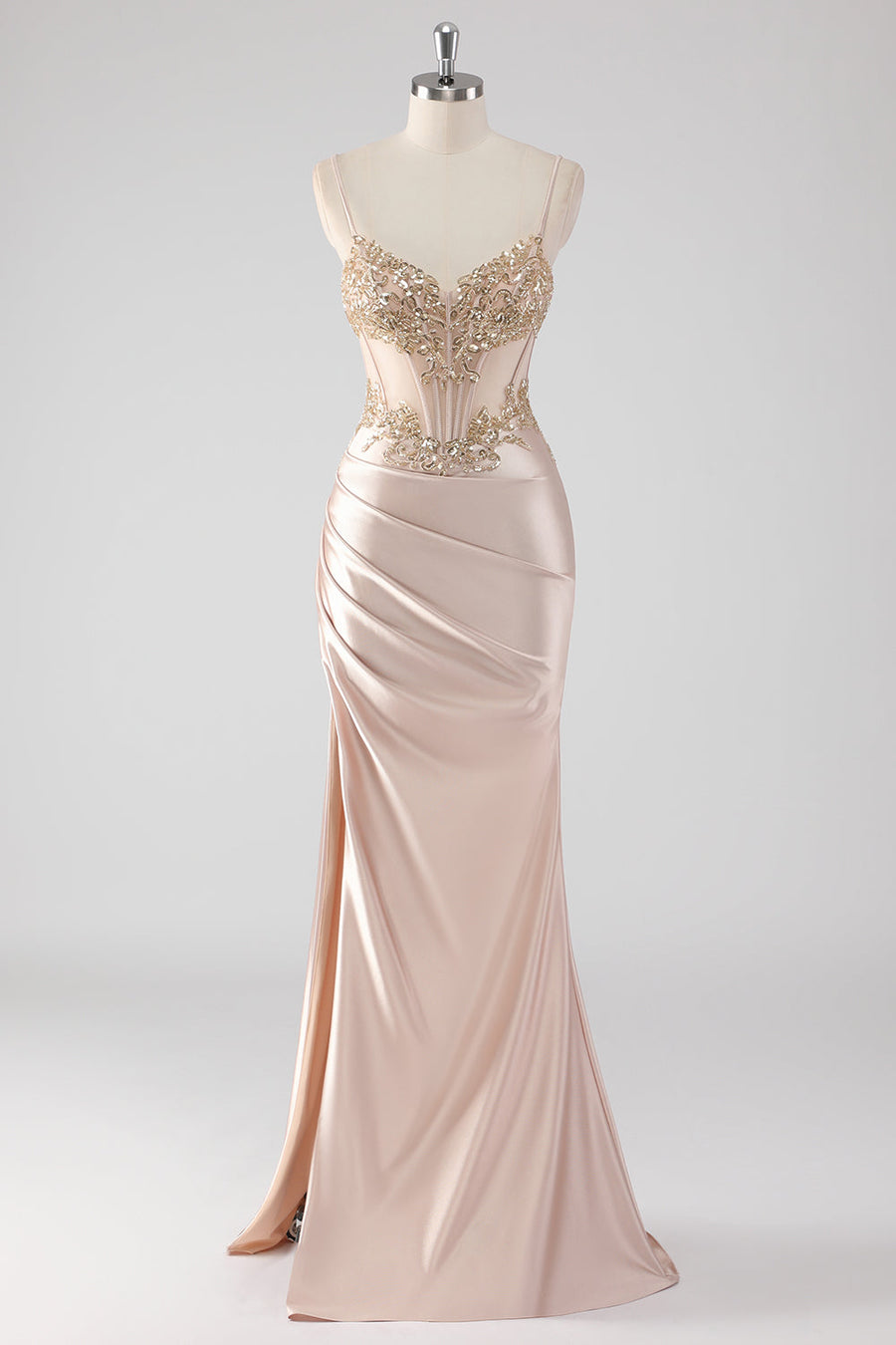 Zapaka Women Sparkly Champagne Mermaid Prom Dress Satin Corset Appliques Long Party Dress with Slit