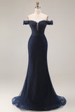 Sparkly Navy Off the Shoulder Mermaid Appliqued Long Prom Dress with Beading