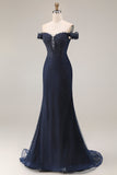 Sparkly Navy Off the Shoulder Mermaid Appliqued Long Prom Dress with Beading