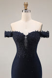 Sparkly Navy Off the Shoulder Mermaid Appliqued Long Prom Dress with Beading